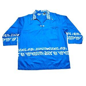 Vintage Hawaiian Holiday Aloha Shirt 3/4 Sleeve Blue With White Floral Design Ma